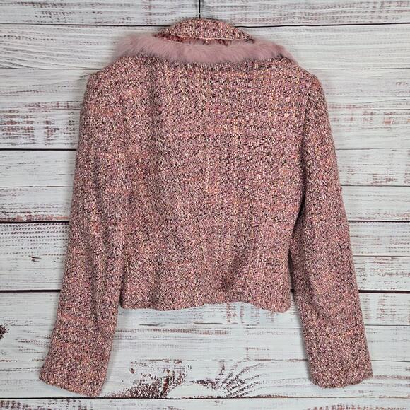 Cynthia Steffe Pink Tweed Blazer S Faux Fur Sequin Pearl Preppy Glam Lux Jacket - Picture 4 of 15